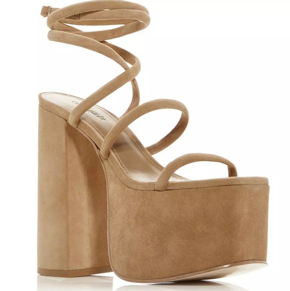 NEW CAMEL SUEDE HYTE CULT GAIA STRAPPY SQUARE TOE PLATFORM HEELS - Picture 1 of 8